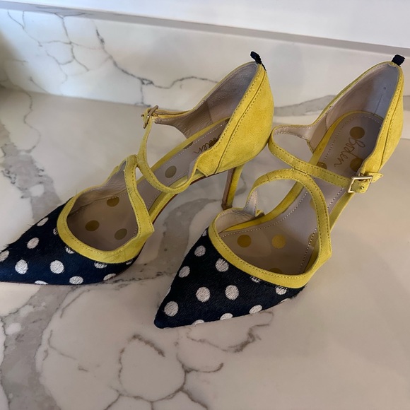 Boden Shoes - Boden Tisha High Heel Black/White Polka Dot W/ Yellow Suede Size 39 Eu Sz 9 US
